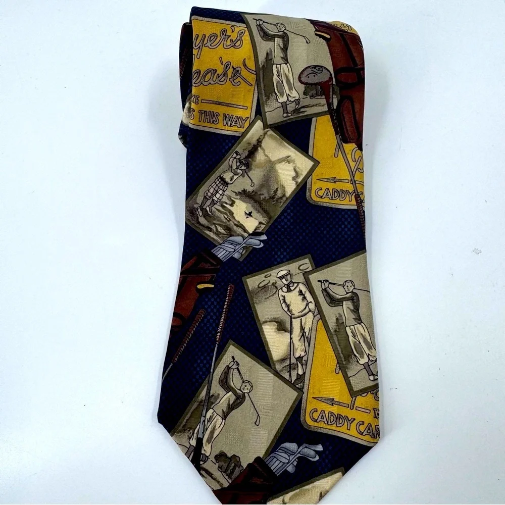 E. Magrath Vintage Golf Tan and Blue Geometric Pattern‎ Tie 100% Silk
